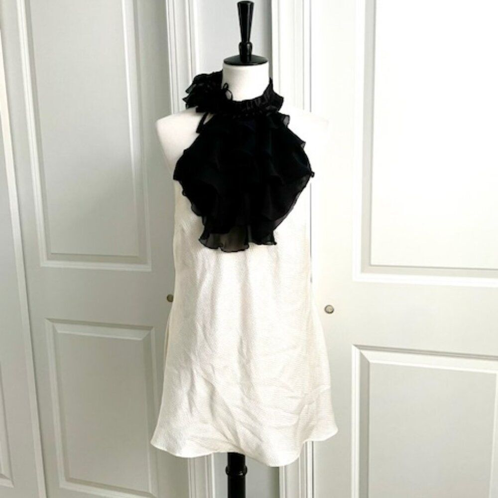 Bisou Bisou Ivory Black Ruffle Halter Top with Smocked Back Size Large
